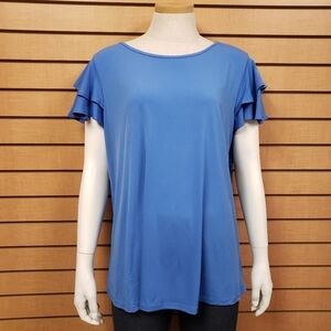 N Touch Short Sleeve Blue Ruffle Sleeve Blouse Size XL New Keyhole Cutout